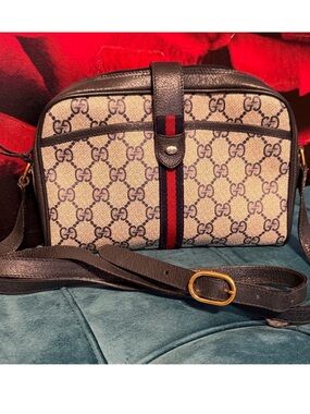 Gucci Beige GG Canvas Crossbody with Navy Trim and Red Web Stripe